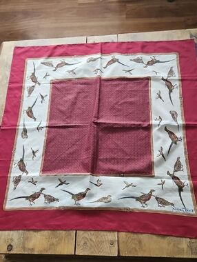 NORMA DORI Red & Cream Pheasant Print Silk SQUARE Scarf